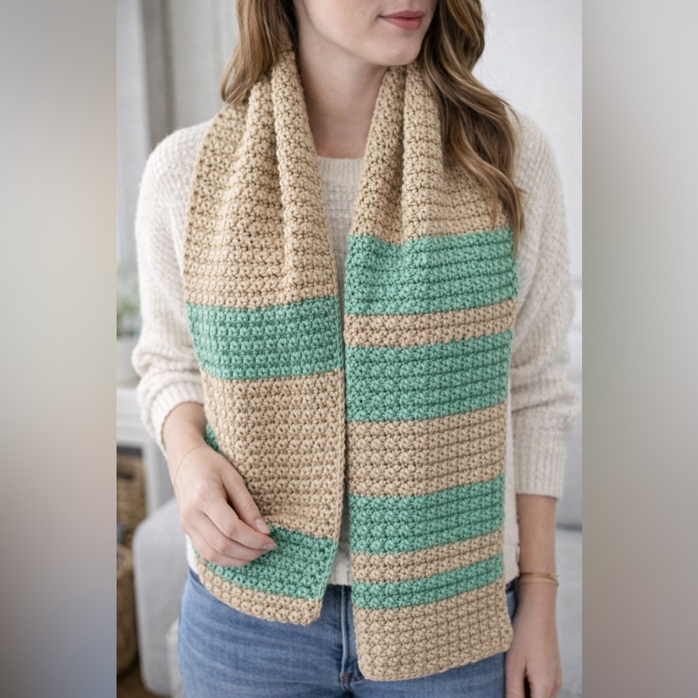 Handmade Crochet Tan & Mint Green Striped Scarf Shawl 67” Artisan